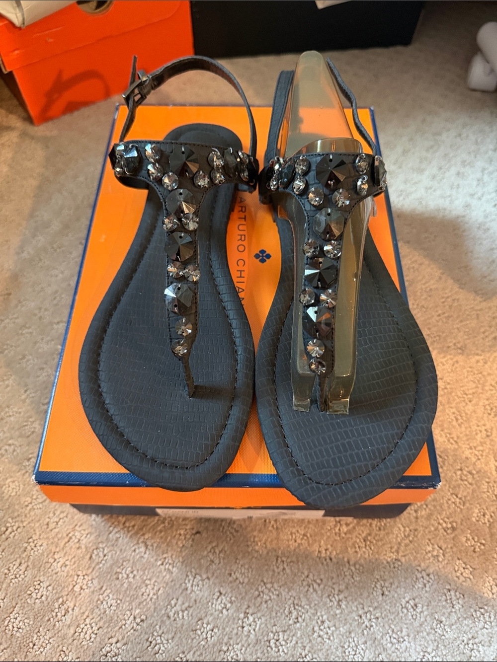 Arturo Chiang Black Jeweled T-Strap Sandals Black with decor. New never  worn.